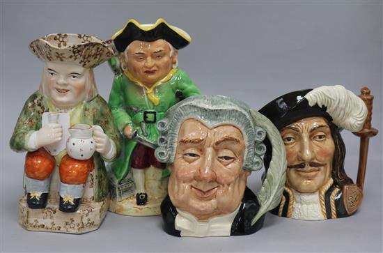 A 19th century Hearty Good Fellow toby jug, another toby jug and two Doulton character jugs